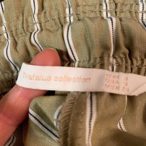 Zara Trafaluc sage/white stripes ankle length pants, drawstring waist tie, Small - Picture 2 of 6